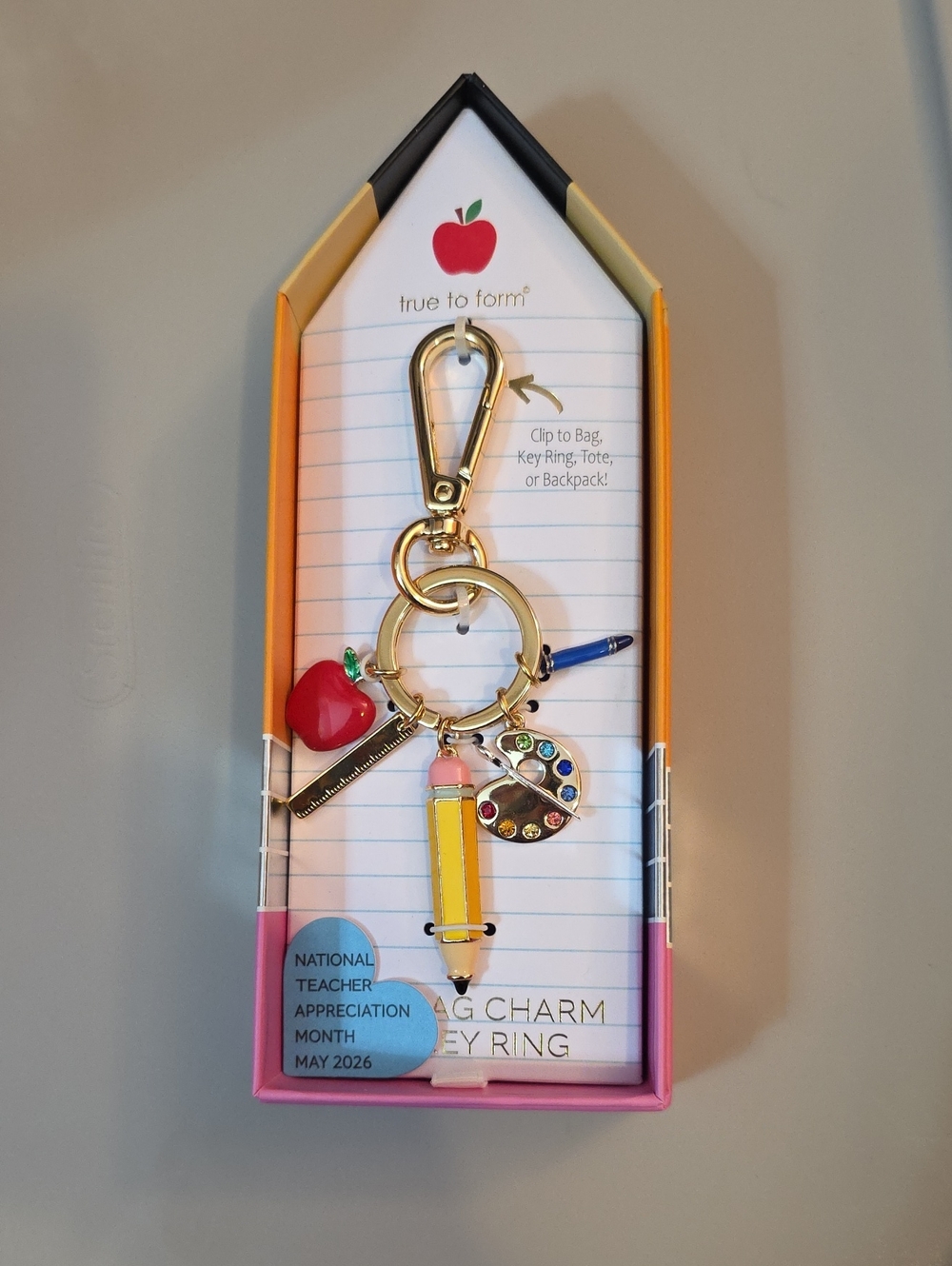 True To Form Gold Teacher Charm Key Ring - Yellow Pencil & Red Apple